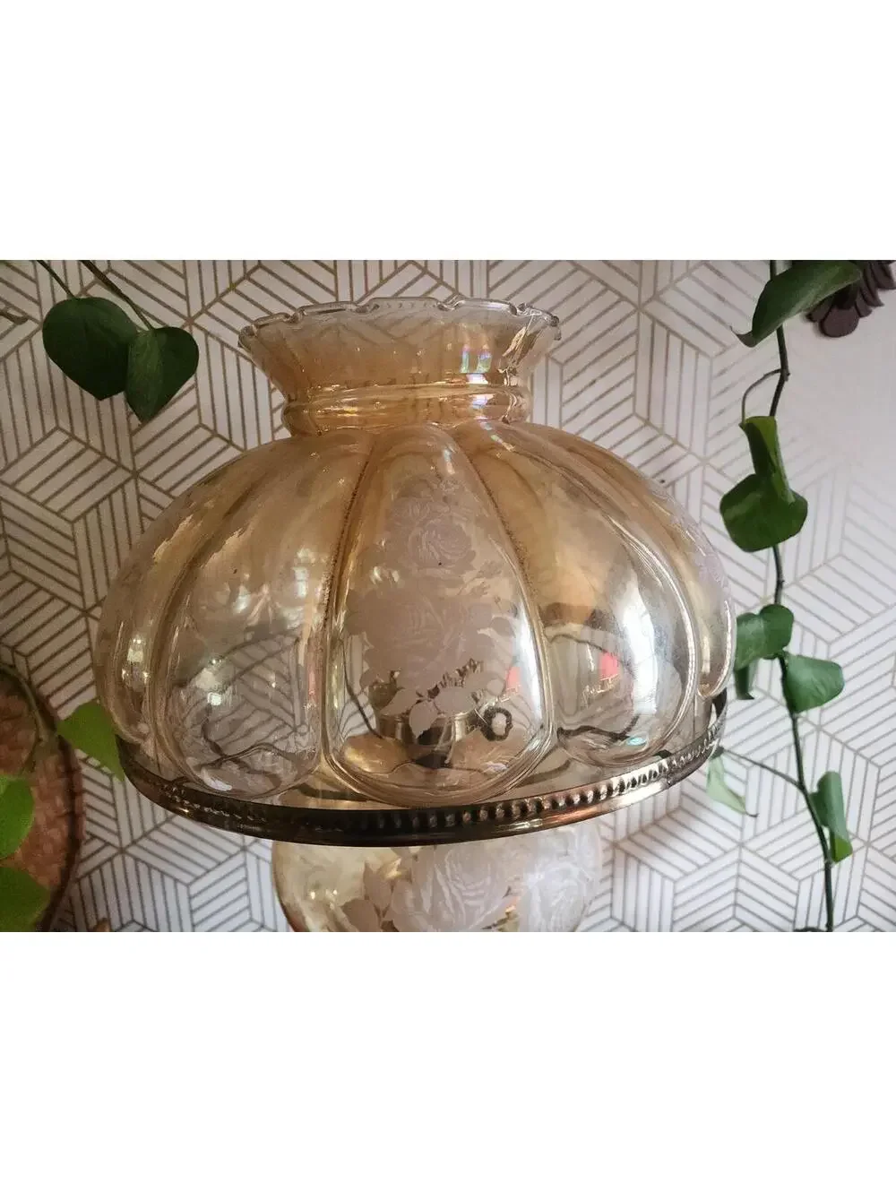 Vintage Clear Amber Glass Hurricane Gone With The Wind Floral Table Lamp 20
